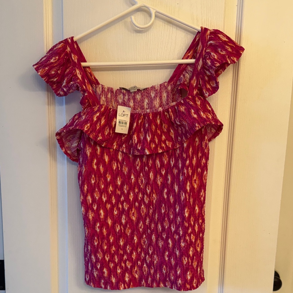 LOFT Fuchsia and White Ruffle Blouse